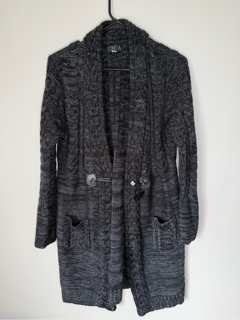 One A Charcoal Cable Knit Shawl Collar Cardigan Sweater
